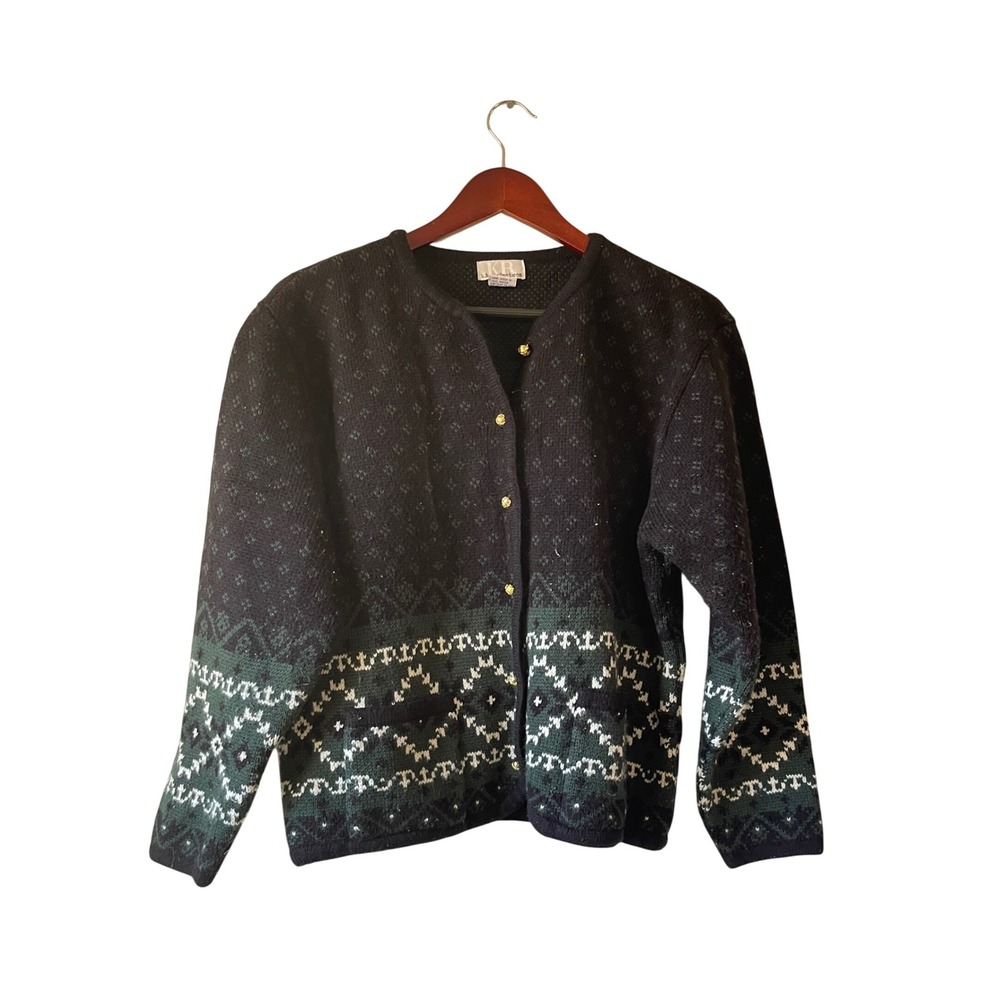 Vintage Women's Black Green Fair Isle Knit Cardigan Sweater Medium‎